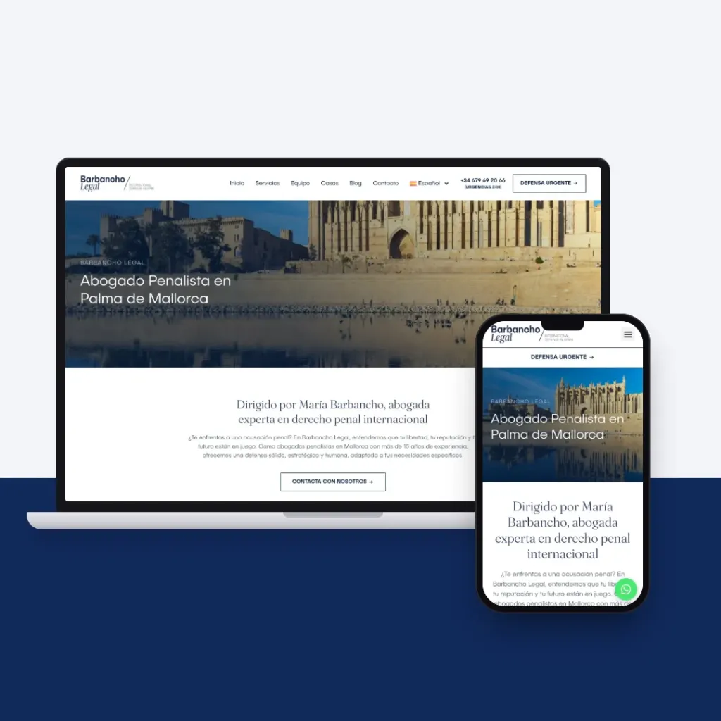 Web de Barbancho Legal, despacho de abogados penalistas con sede en Mallorca y Barcelona, en un portátil y en un móvil