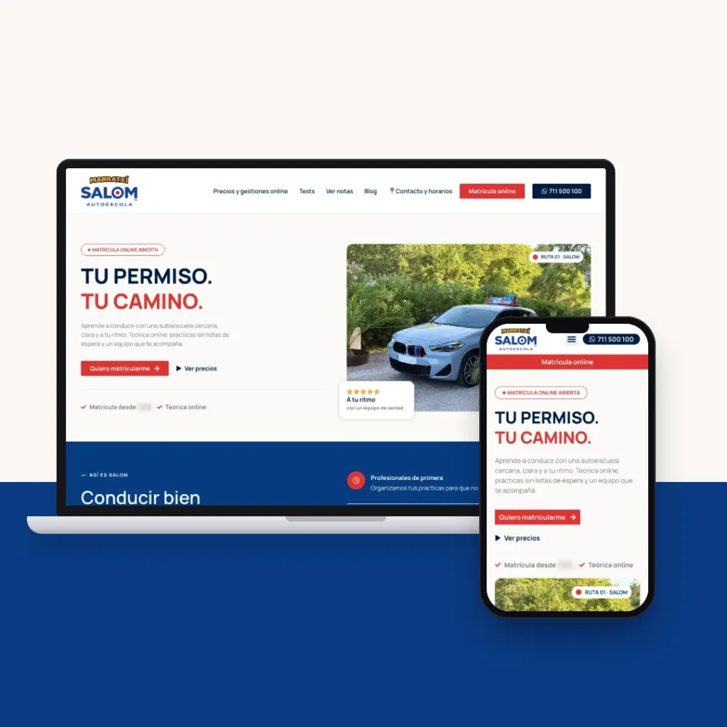 Web de Autoescuela Salom, autoescuela de Marratxí, en un portátil y en un móvil