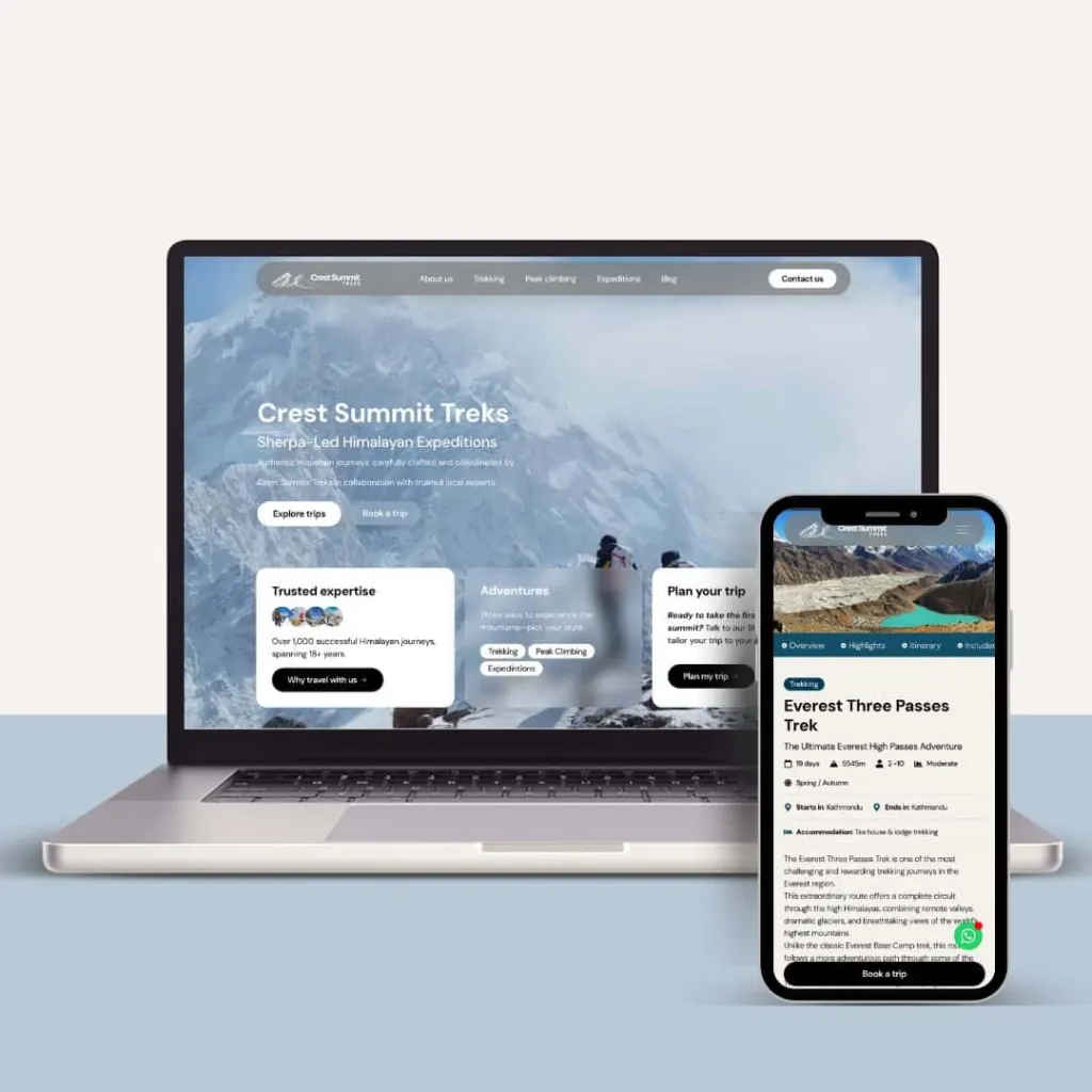 Web de Expediciones Nepal en portátil y móvil: directorio de expediciones con filtros y reservas online