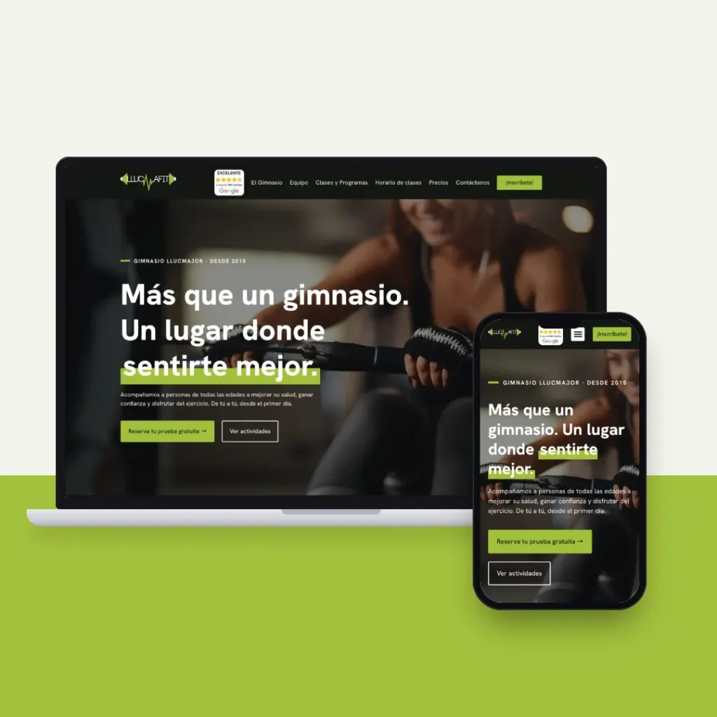 Web del gimnasio Llucmafit, en Llucmajor, en un portátil y en un móvil
