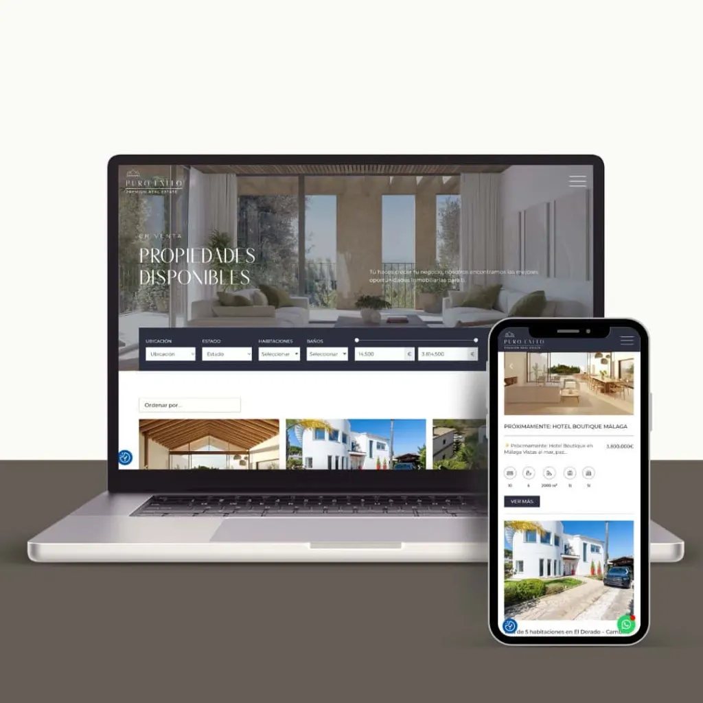 Web de la inmobiliaria Puro Éxito en portátil y móvil: buscador de propiedades disponibles con filtros