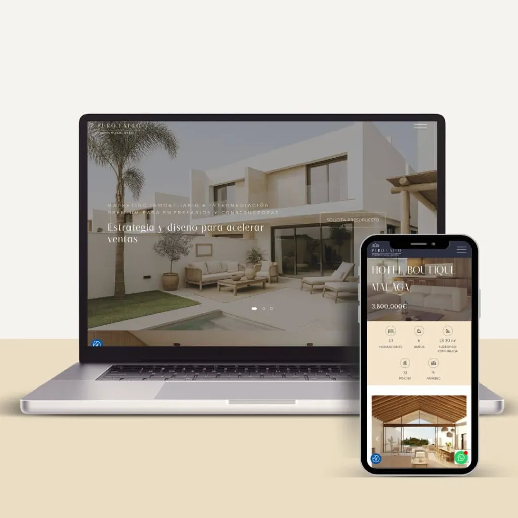 Web de una inmobiliaria de casas de lujo en portátil y móvil: portada con una villa con piscina y fichas de propiedades