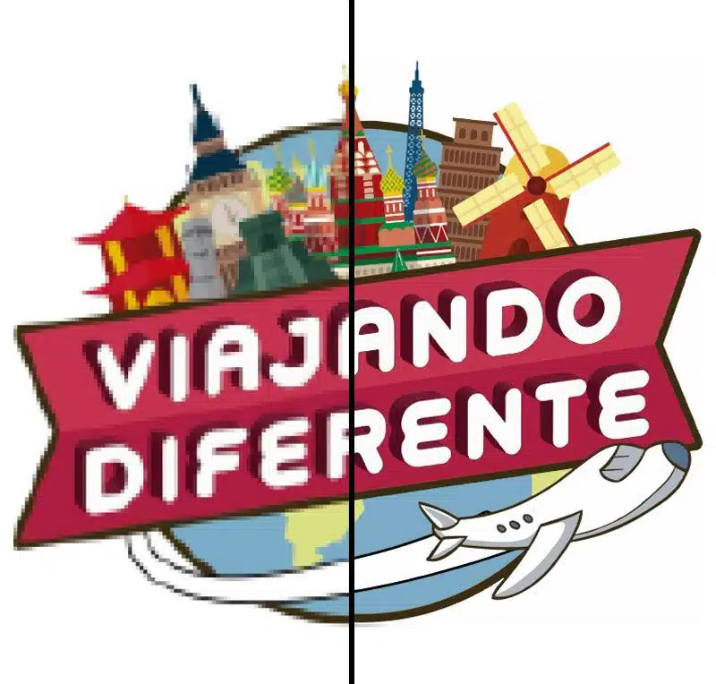 Logotipo «Viajando diferente» antes y después de vectorizarlo: a la izquierda, pixelado; a la derecha, nítido
