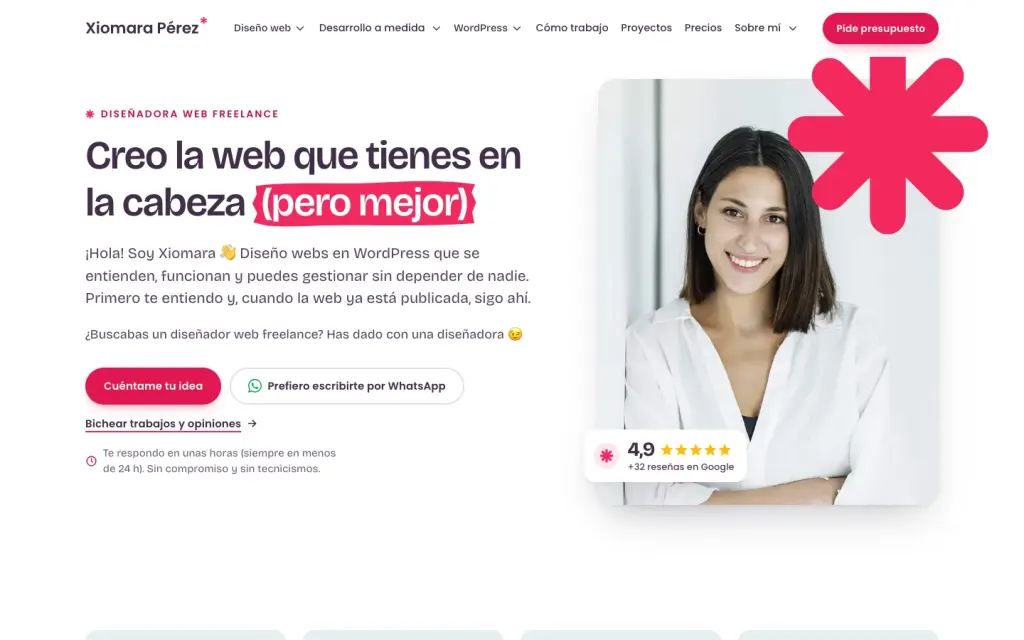 Portada de la web de Xiomara Pérez en el ordenador: «Creo la web que tienes en la cabeza (pero mejor)», con la valoración 4,9 en Google