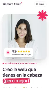 Portada de la web de Xiomara Pérez en el móvil, con su foto y la valoración 4,9 en Google